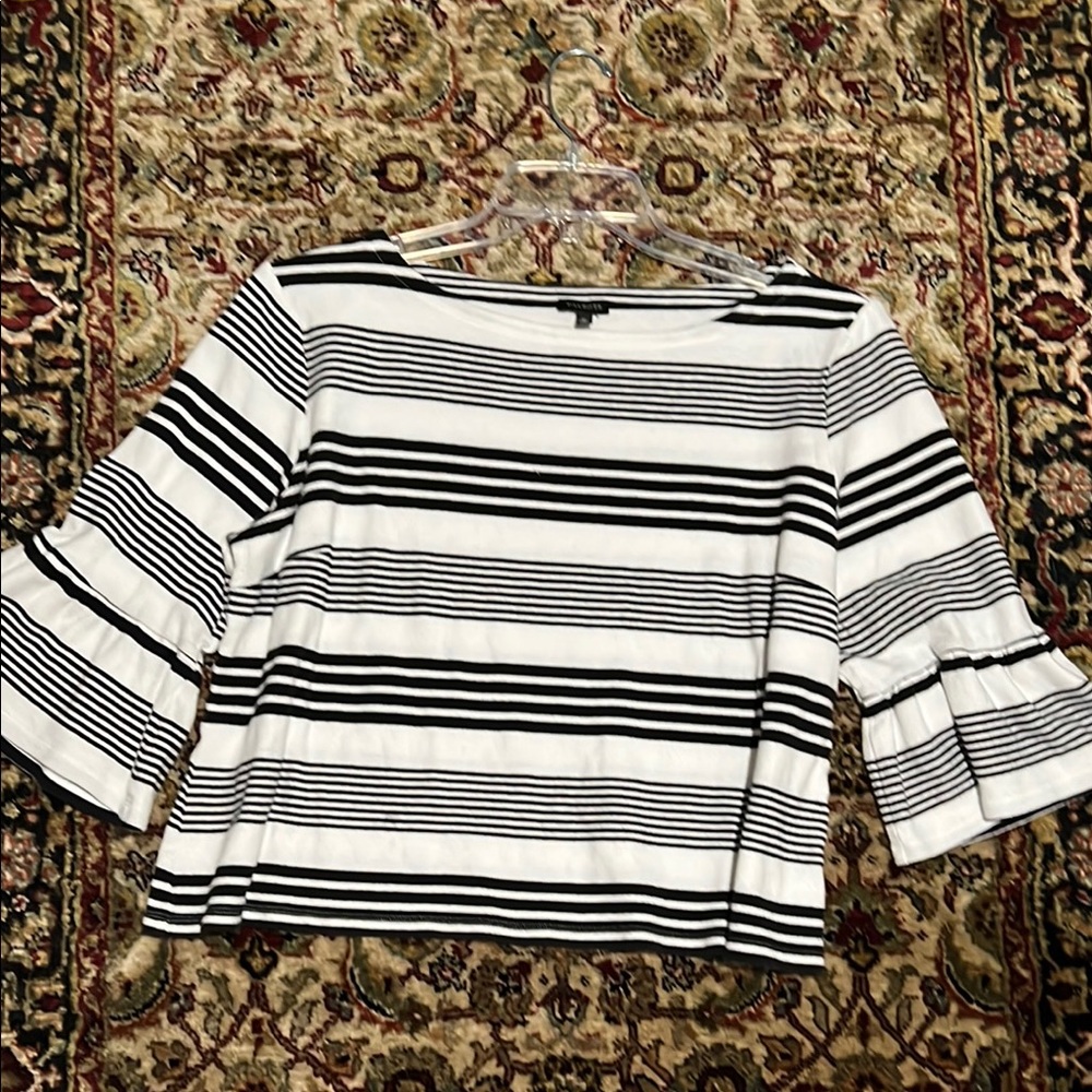 Talbots Black and White Striped Knit Top Size XL 3/4 Bell Sleeves